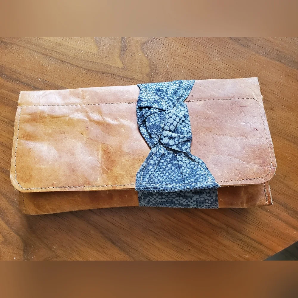 Custom Hand Made Satchel Savannah GA Leather Clutch Wallet with Blue Bow Accent